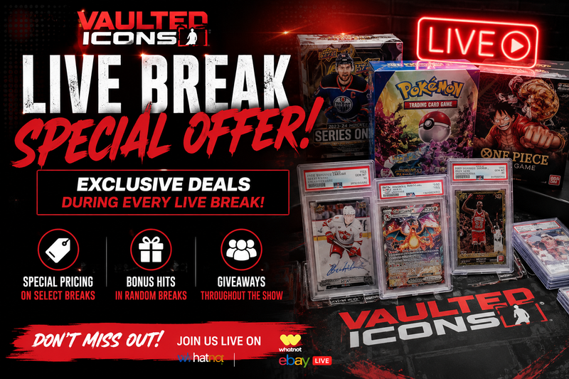 Vaulted Icons live sports card and TCG breaks in Vancouver featuring hockey, Pokémon and One Piece cards