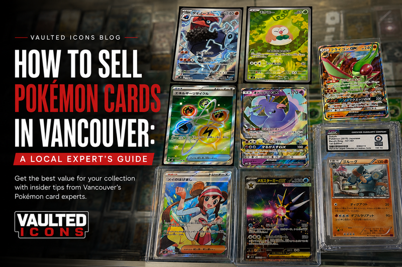 Customer selling Pokémon cards at Vaulted Icons in Vancouver BC
