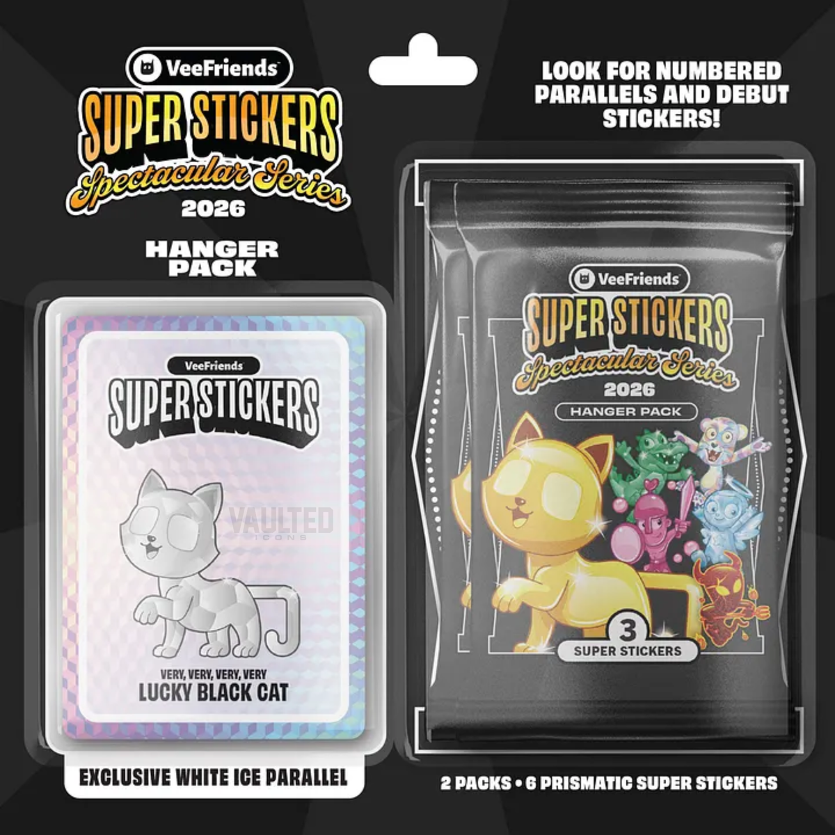 2026 VeeFriends Super Stickers Spectacular Series Hanger Pack featuring White Ice Lucky Black Cat parallel and sealed 3-sticker pack