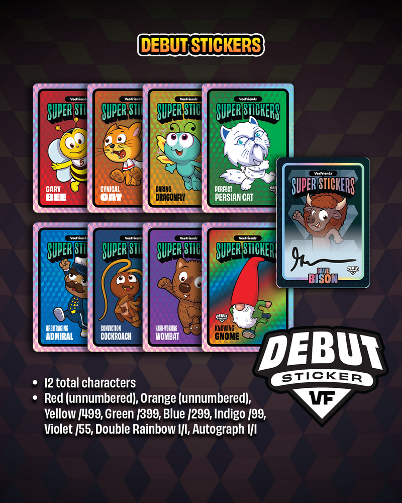 2026 VeeFriends Super Stickers Spectacular Series debut stickers with serialized color parallels and autograph variations