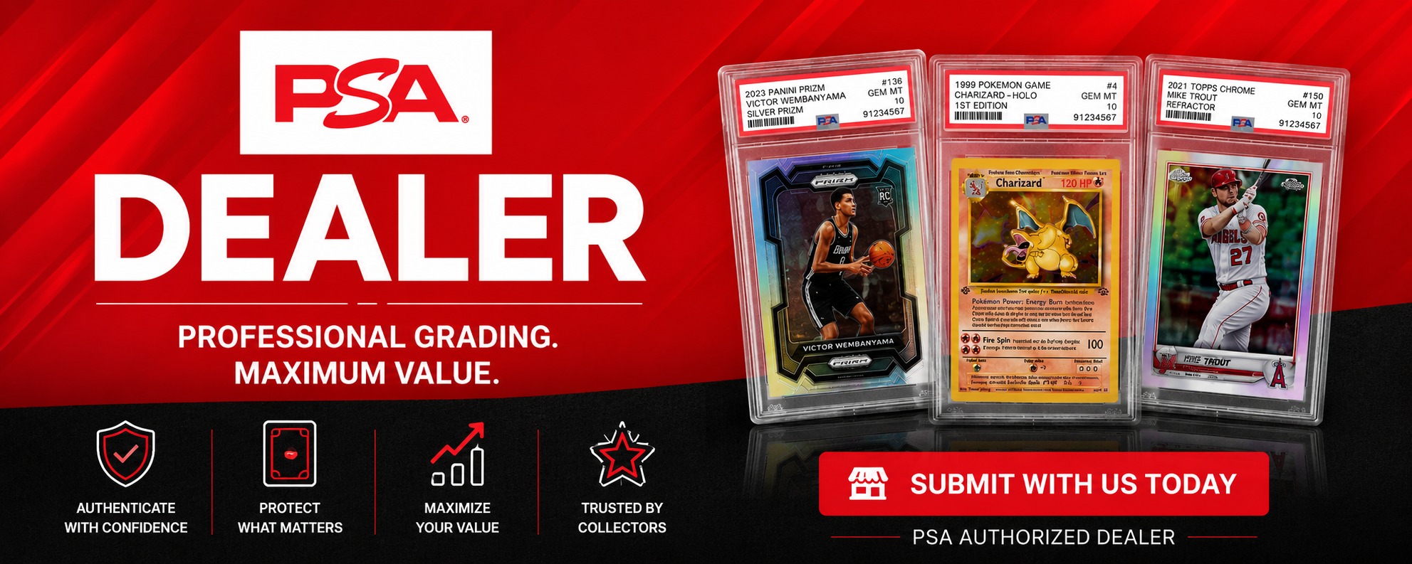 Promotional PSA Dealer banner with three graded sports trading cards on the right and large red-and-black marketing text on the left, including PSA branding and a submit button.