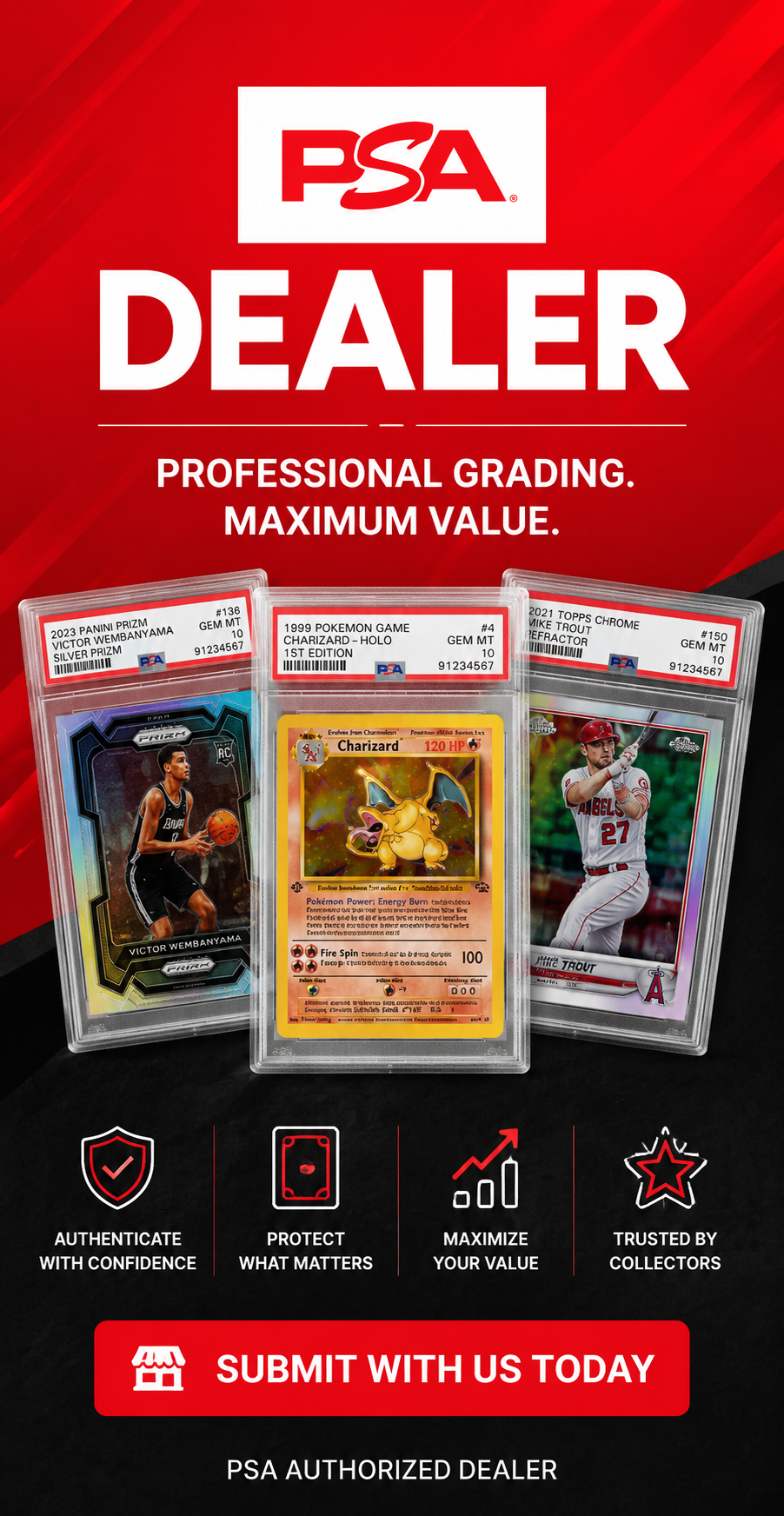 Promotional graphic for PSA Dealer featuring three graded sports trading cards in clear plastic cases against a red and black background, with PSA branding and text including 'Professional Grading. Maximum Value.