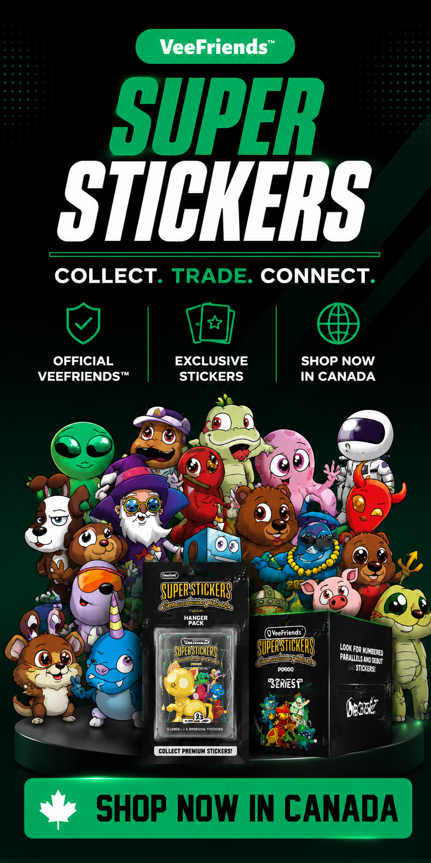 VeeFriends Super Stickers promotional graphic featuring a large collection of colorful cartoon stickers and several black sticker packs displayed on a dark green background with bold green and white text.